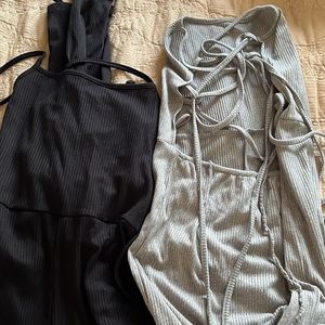Two identical jumpsuits, one black one gray backless ties, sexy formfitting